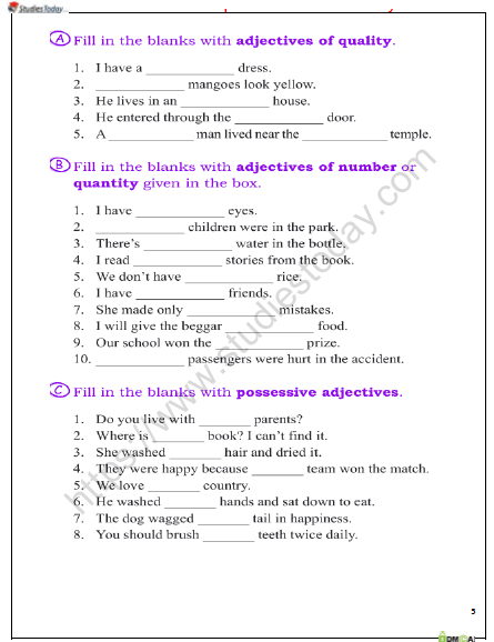 Worksheets Of Adjectives For Class 6